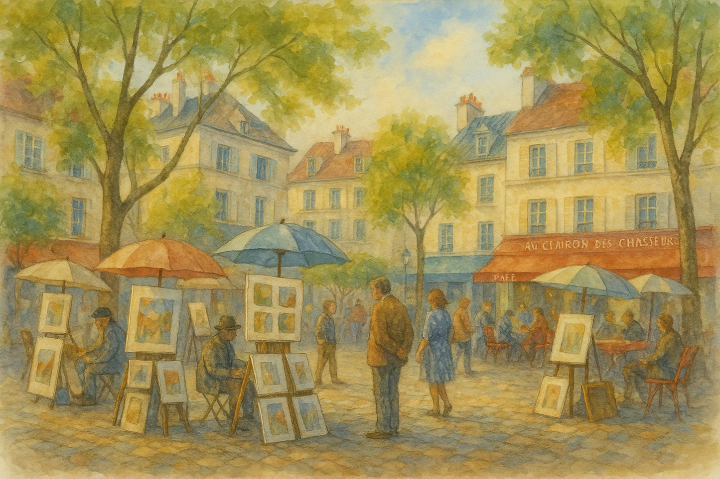 montmartre place du tertre watercolor Tertre Square center Montmartre hill Artist Artistic Paint painter workshop watercolor aquarelle France Paris