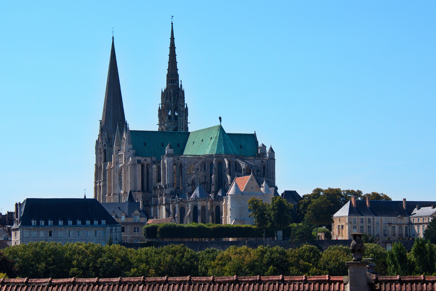 Notre Dame de Chartres Chartres Cathedral one hour from Paris excursion day-trip trip from Paris Cathedral from far behind