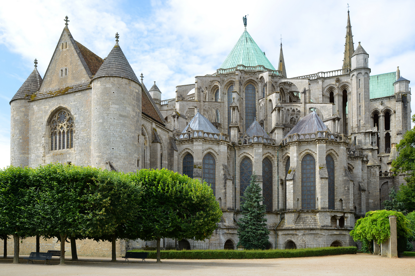 Notre Dame de Chartres Cathedral tress cours green.