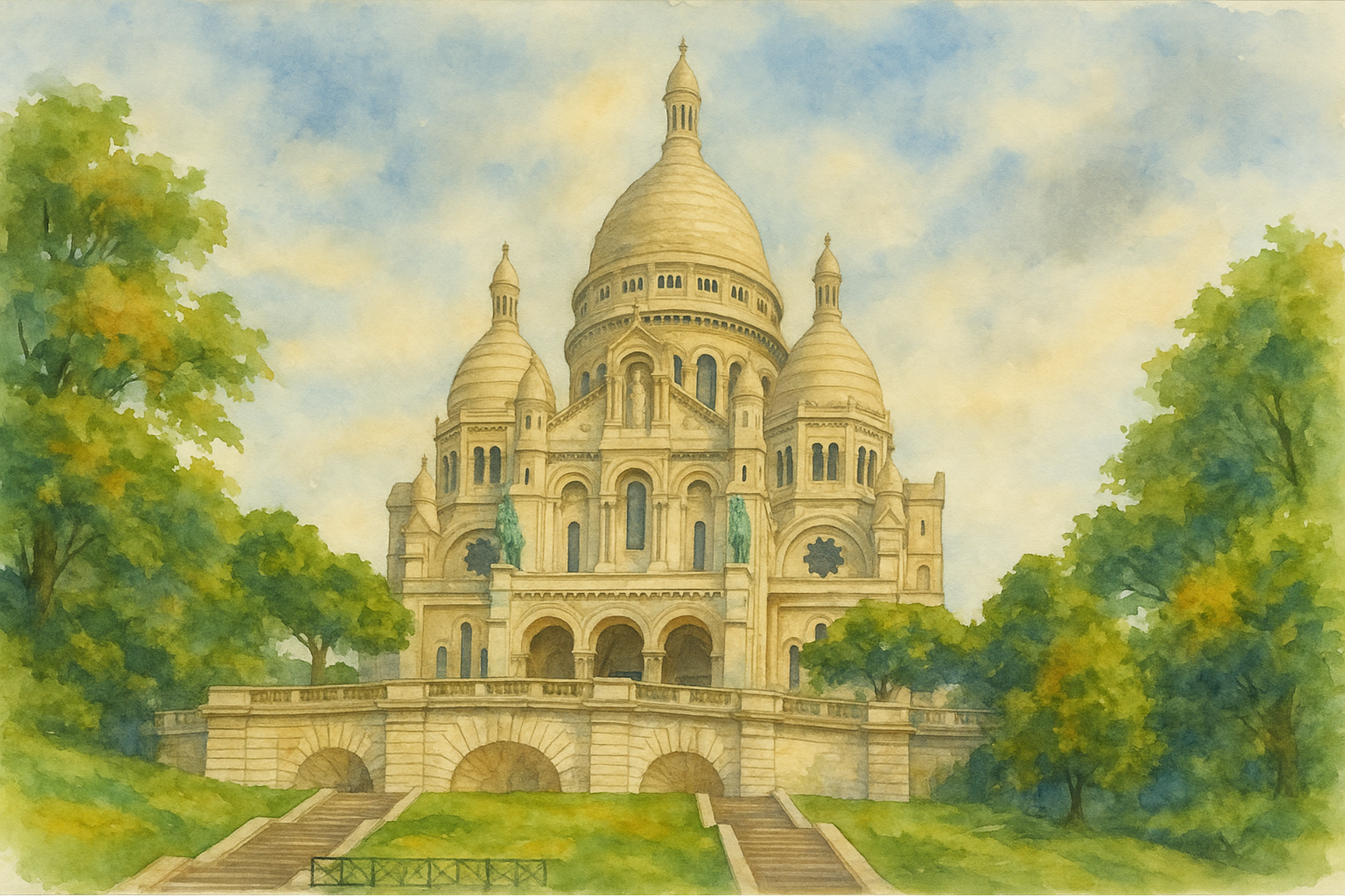 Sacre Coeur Basilica Montmartre Watercolor Piece of art workshop water color cobbled streets cafés bistrot artist 