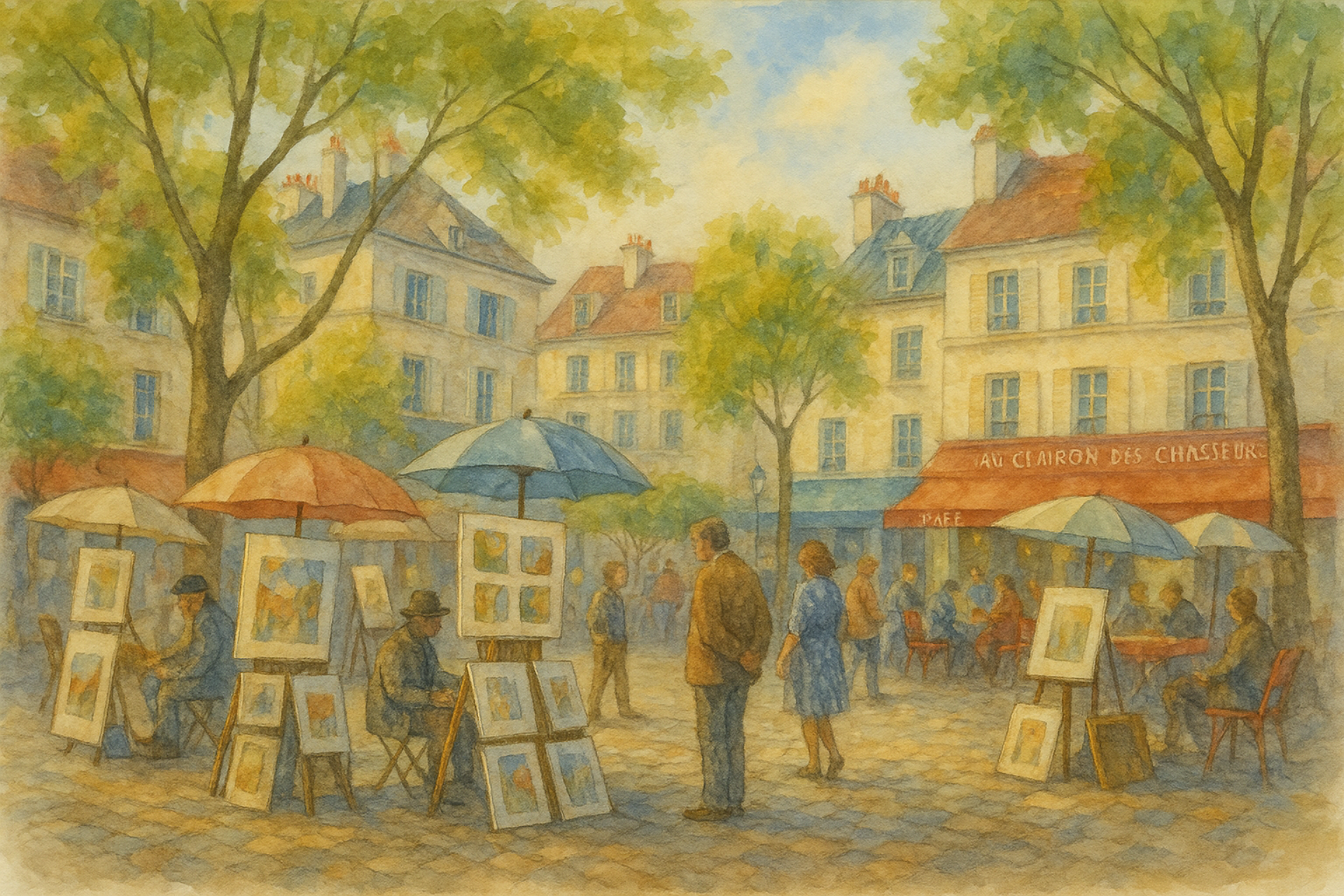 montmartre place du tertre watercolor Tertre Square center Montmartre hill Artist Artistic Paint painter workshop watercolor aquarelle France Paris
