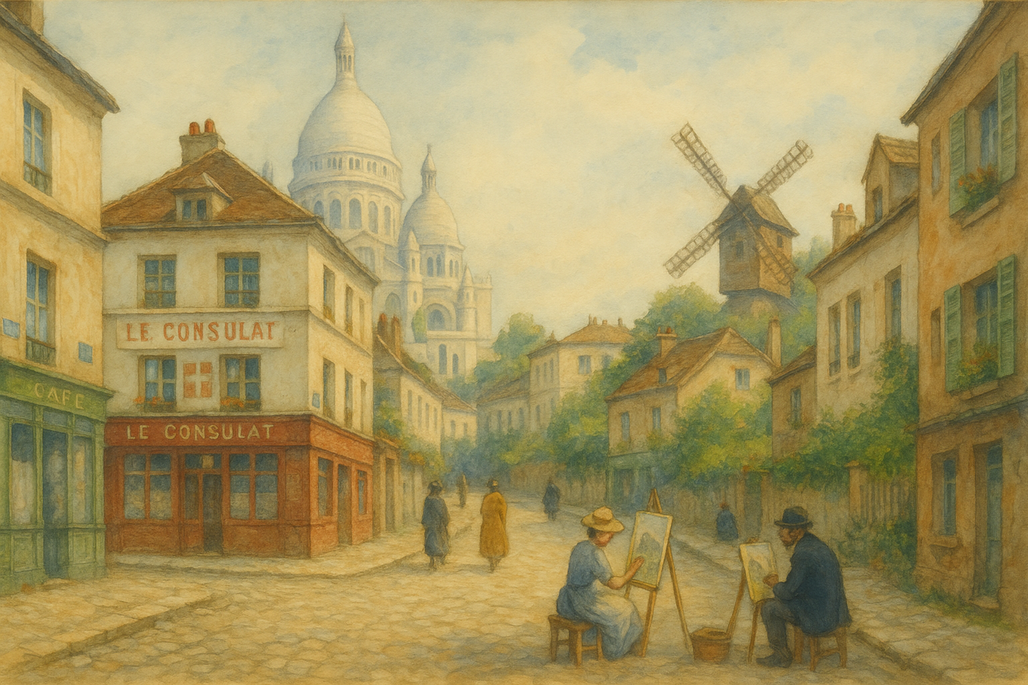 Watercolor Montmartre sacre coeur artist mill cobblestone streets le consulat artistic worship aquarelle