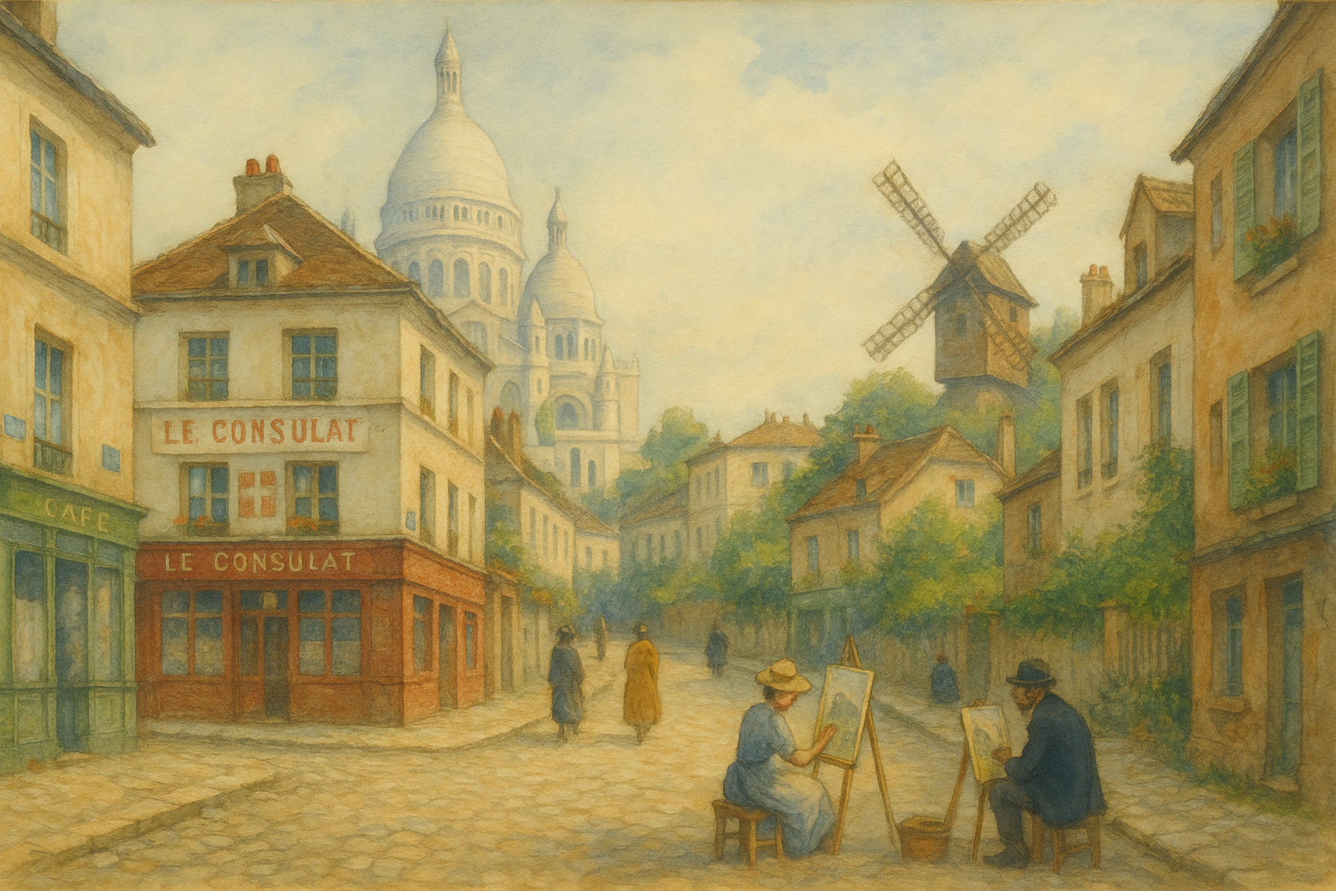 Watercolor Montmartre sacre coeur artist mill cobblestone streets le consulat artistic worship aquarelle